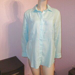 Symple Linen Top Size M Tunic Button Up Layered Oversized Coastal Lagenlook Blue
